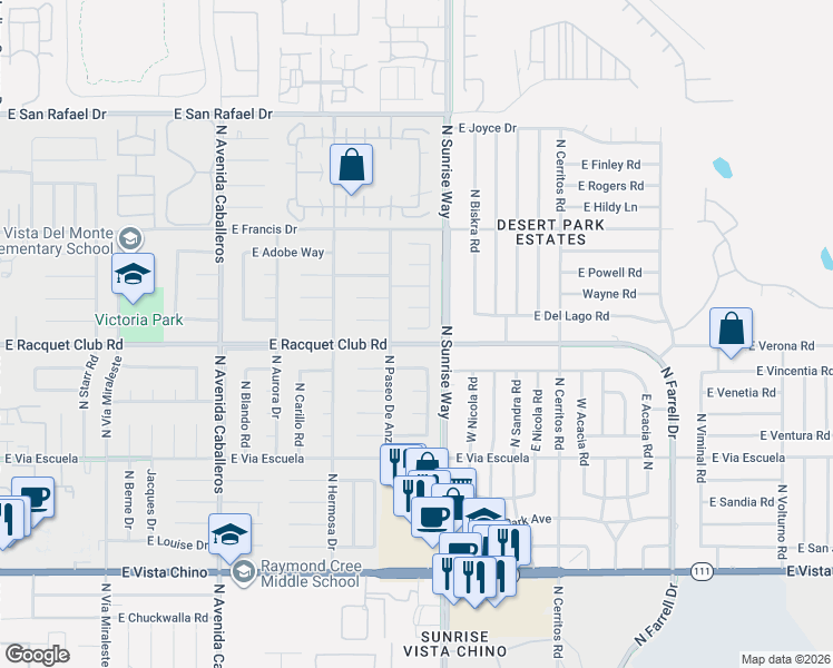 map of restaurants, bars, coffee shops, grocery stores, and more near 1639 East Racquet Club Road in Palm Springs