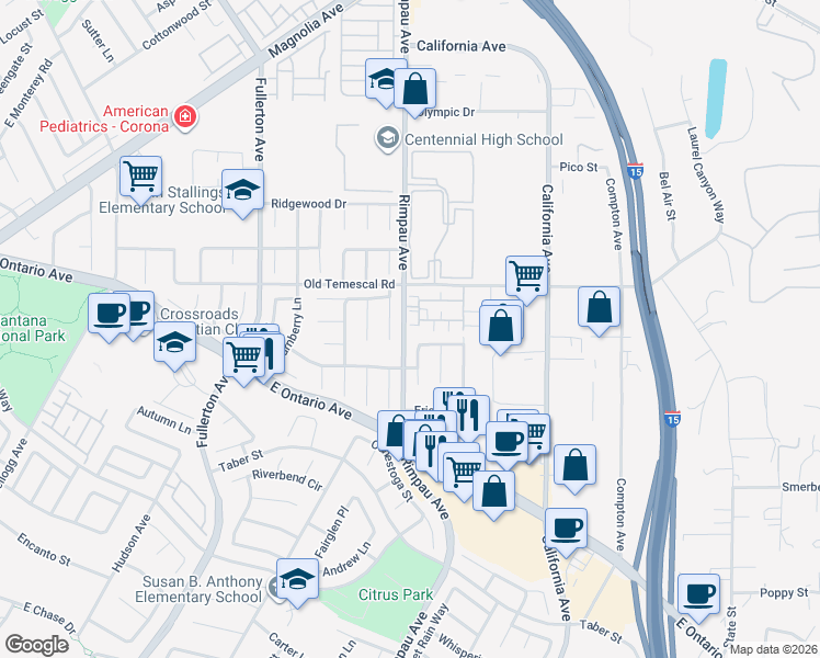 map of restaurants, bars, coffee shops, grocery stores, and more near 2040 Begley Drive in Corona