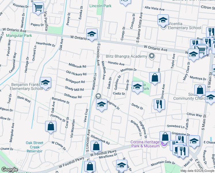 map of restaurants, bars, coffee shops, grocery stores, and more near 2620 Dakin Drive in Corona