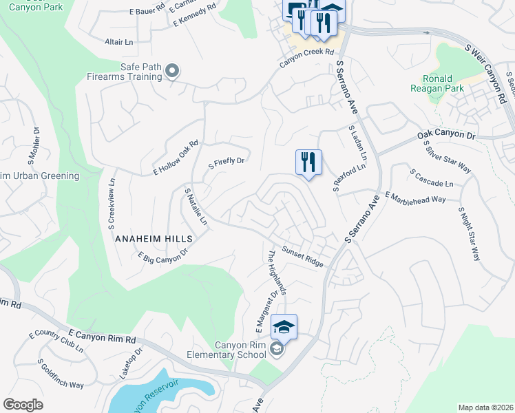 map of restaurants, bars, coffee shops, grocery stores, and more near 7741 East Portofino Avenue in Anaheim