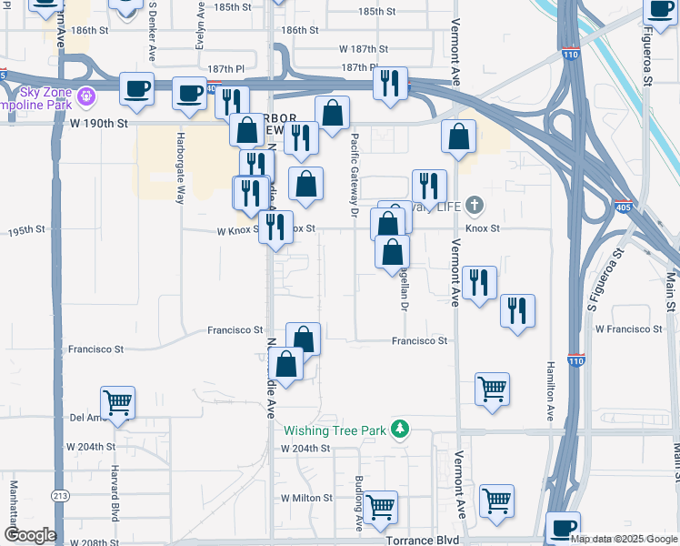map of restaurants, bars, coffee shops, grocery stores, and more near 19780 Pacific Gateway Drive in Torrance
