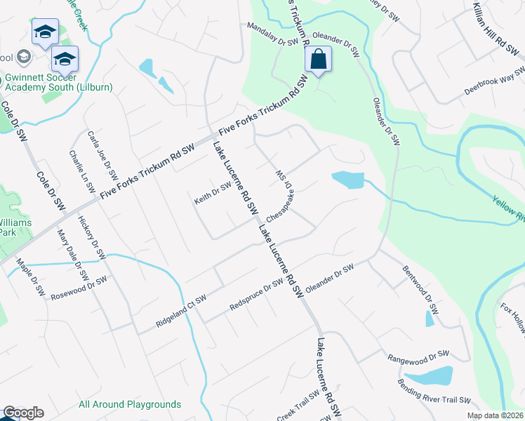 map of restaurants, bars, coffee shops, grocery stores, and more near 1380 Chesapeake Drive Southwest in Lilburn