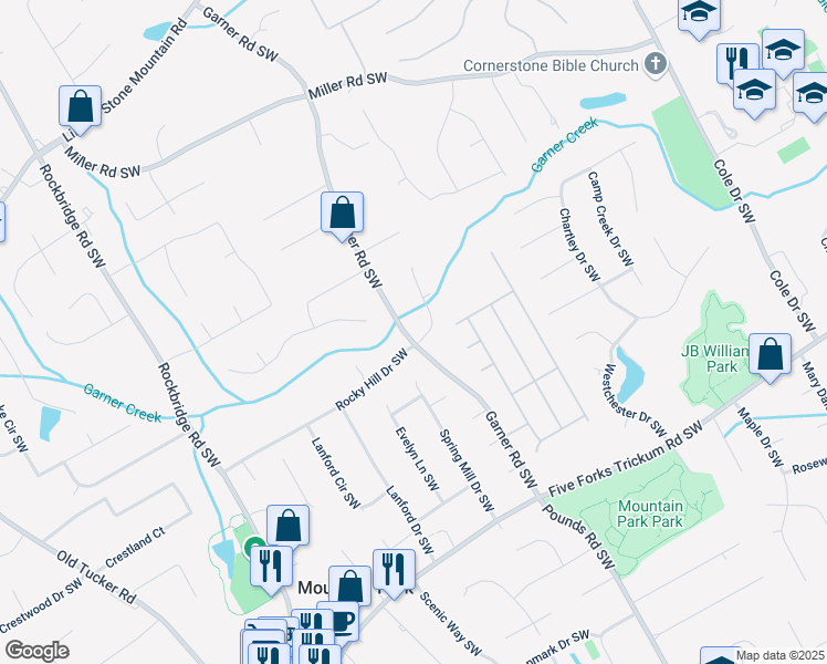 map of restaurants, bars, coffee shops, grocery stores, and more near 5159 Rocky Hill Drive Southwest in Lilburn