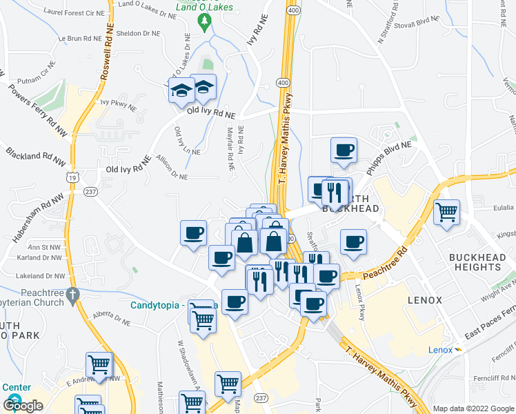 map of restaurants, bars, coffee shops, grocery stores, and more near 3475 Piedmont Road Northeast in Atlanta