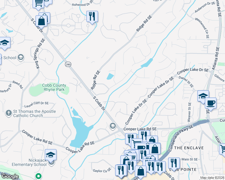 map of restaurants, bars, coffee shops, grocery stores, and more near 1610 Shamrock Trail in Smyrna