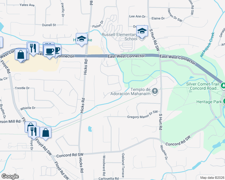 map of restaurants, bars, coffee shops, grocery stores, and more near 4210 Barnes Meadow Road Southwest in Smyrna