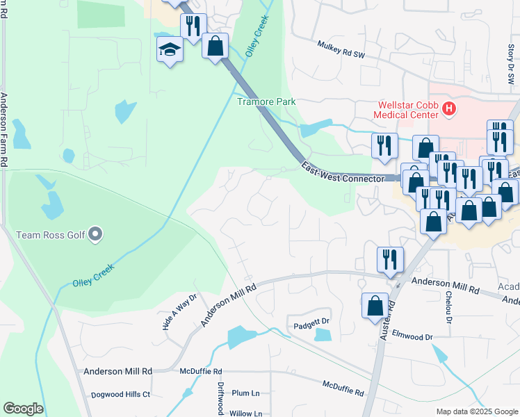 map of restaurants, bars, coffee shops, grocery stores, and more near 1309 Mesa Valley Way in Austell