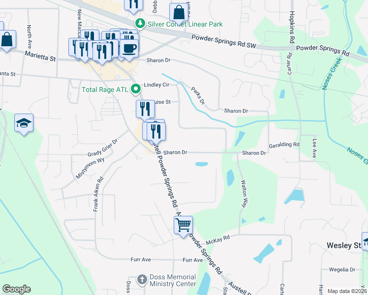 map of restaurants, bars, coffee shops, grocery stores, and more near 3190 Sharon Drive in Powder Springs