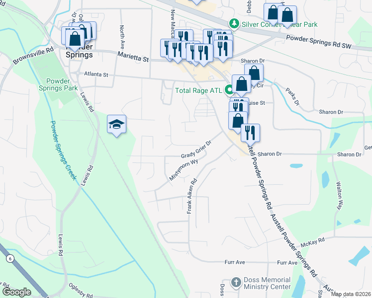 map of restaurants, bars, coffee shops, grocery stores, and more near 4144 Misty Morn Way in Powder Springs