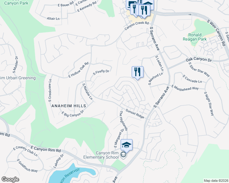map of restaurants, bars, coffee shops, grocery stores, and more near 7741 East Portofino Avenue in Anaheim