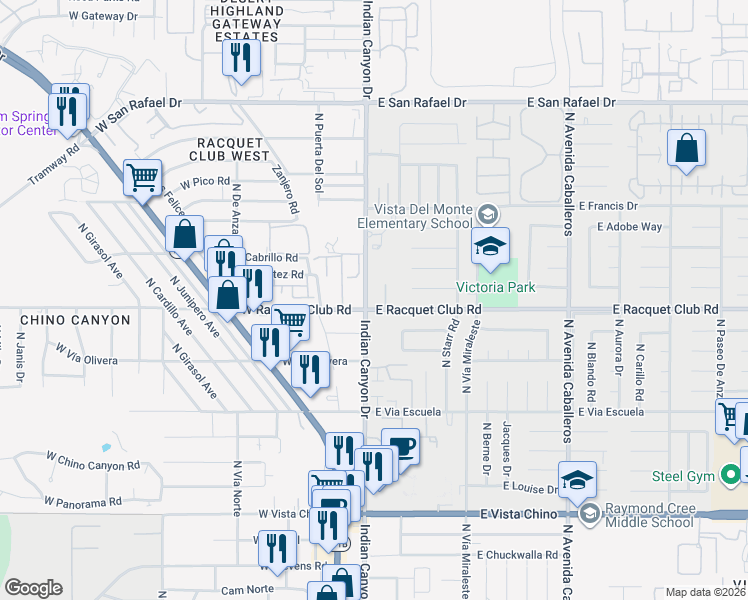 map of restaurants, bars, coffee shops, grocery stores, and more near 200 East Racquet Club Road in Palm Springs