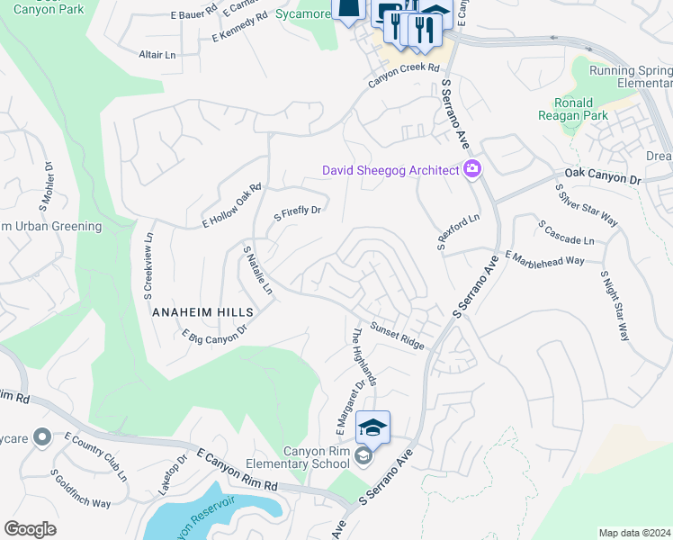 map of restaurants, bars, coffee shops, grocery stores, and more near 7734 East Portofino Avenue in Anaheim