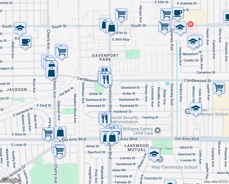 map of restaurants, bars, coffee shops, grocery stores, and more near 2713 Dollar Street in Lakewood