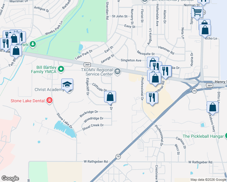map of restaurants, bars, coffee shops, grocery stores, and more near 5033 Eastridge Drive in Wichita Falls
