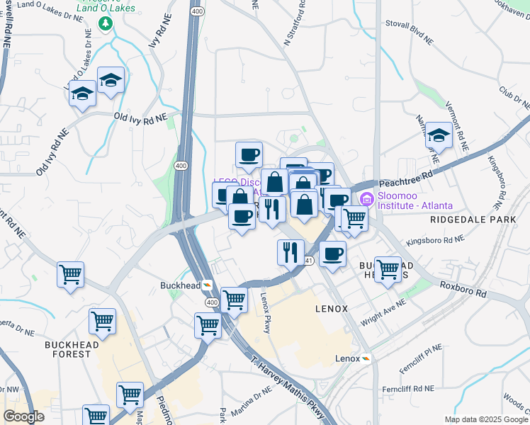 map of restaurants, bars, coffee shops, grocery stores, and more near 3424 Peachtree Road in Atlanta