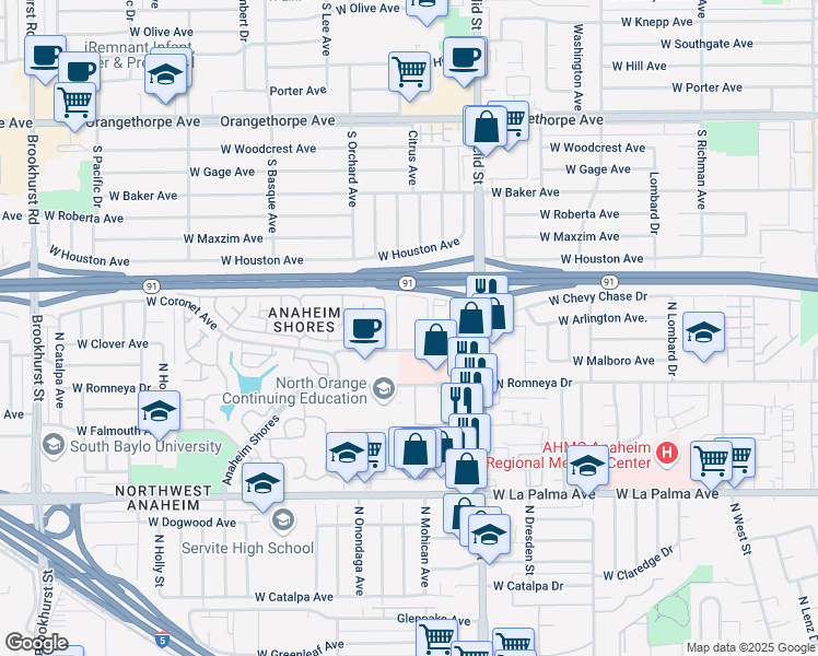 map of restaurants, bars, coffee shops, grocery stores, and more near 1731 West Medical Center Drive in Anaheim
