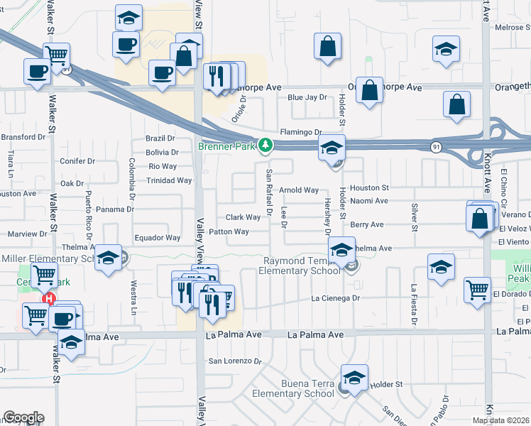 map of restaurants, bars, coffee shops, grocery stores, and more near 7571 San Rafael Drive in Buena Park