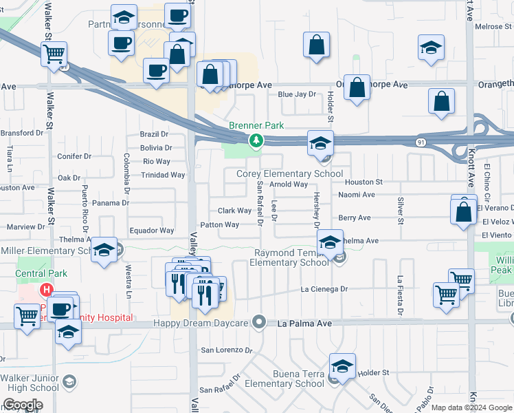 map of restaurants, bars, coffee shops, grocery stores, and more near 7571 San Rafael Drive in Buena Park