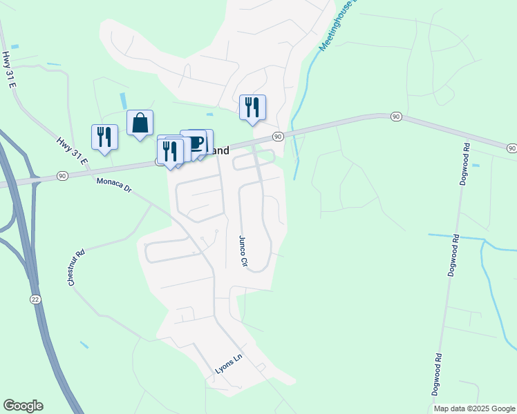 map of restaurants, bars, coffee shops, grocery stores, and more near 375 Junco Circle in Longs