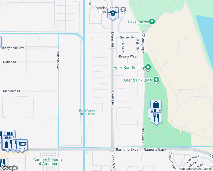 map of restaurants, bars, coffee shops, grocery stores, and more near 739 Spyglass Court in Perris