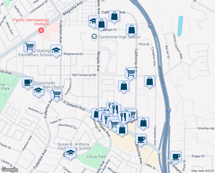 map of restaurants, bars, coffee shops, grocery stores, and more near 1120 Portofino Court in Corona