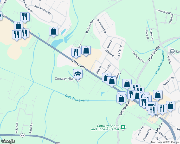 map of restaurants, bars, coffee shops, grocery stores, and more near 2290 U.S. 501 in Conway
