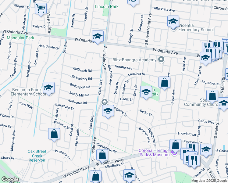 map of restaurants, bars, coffee shops, grocery stores, and more near 2620 Dakin Drive in Corona
