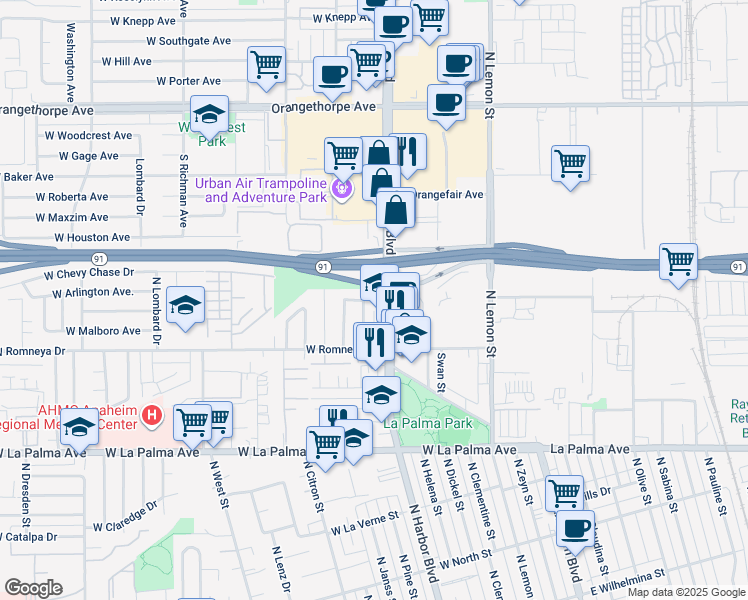map of restaurants, bars, coffee shops, grocery stores, and more near 1251 North Harbor Boulevard in Anaheim