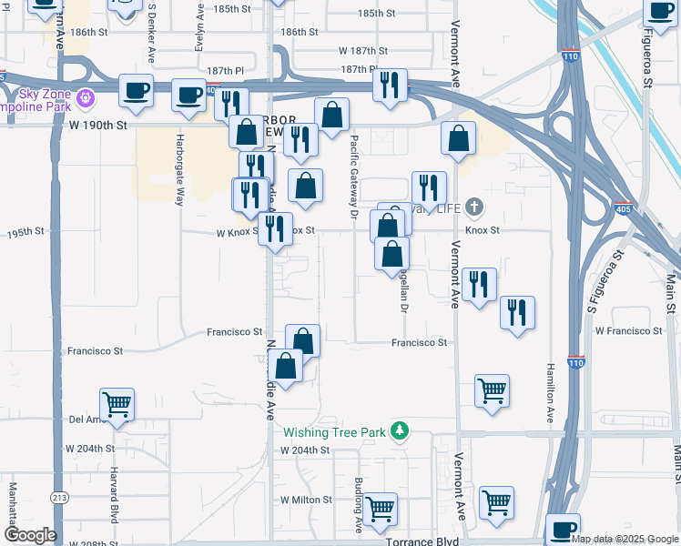 map of restaurants, bars, coffee shops, grocery stores, and more near 19681 Pacific Gateway Drive in Torrance