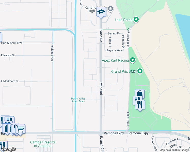 map of restaurants, bars, coffee shops, grocery stores, and more near 739 Spyglass Court in Perris