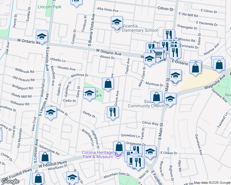 map of restaurants, bars, coffee shops, grocery stores, and more near 2476 Grove Avenue in Corona