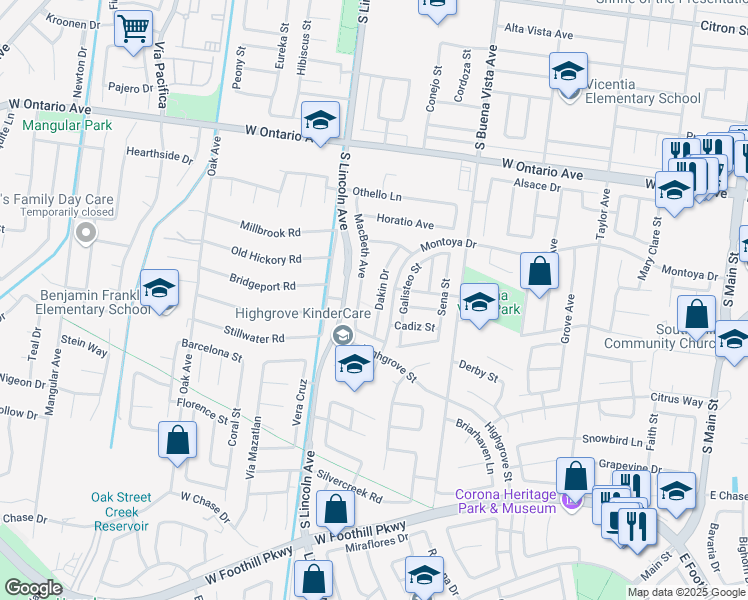 map of restaurants, bars, coffee shops, grocery stores, and more near 2606 Dakin Drive in Corona
