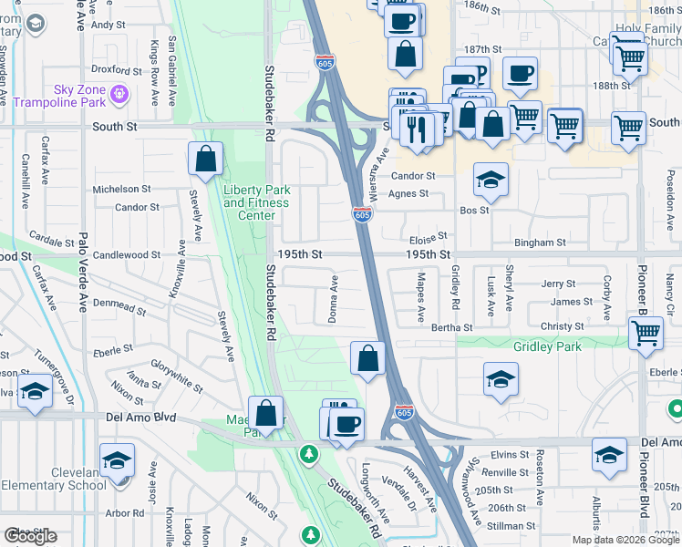 map of restaurants, bars, coffee shops, grocery stores, and more near 19518 Donna Avenue in Artesia