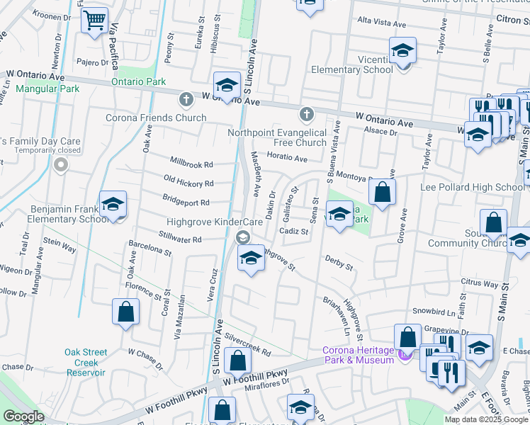 map of restaurants, bars, coffee shops, grocery stores, and more near 2606 Dakin Drive in Corona