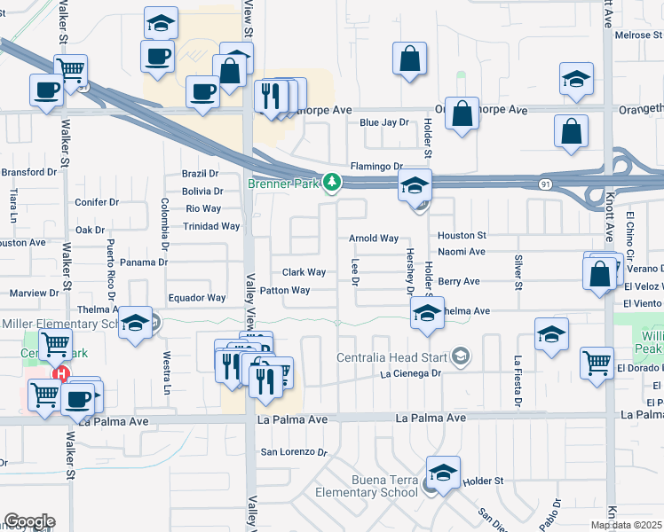 map of restaurants, bars, coffee shops, grocery stores, and more near 7571 San Rafael Drive in Buena Park
