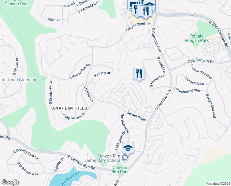 map of restaurants, bars, coffee shops, grocery stores, and more near 7727 East Portofino Avenue in Anaheim