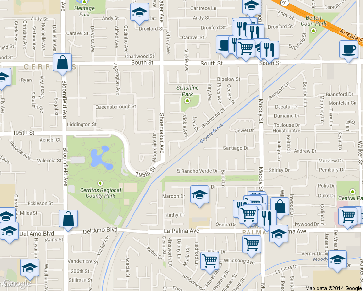 map of restaurants, bars, coffee shops, grocery stores, and more near 19610 Sabrina Court in Cerritos