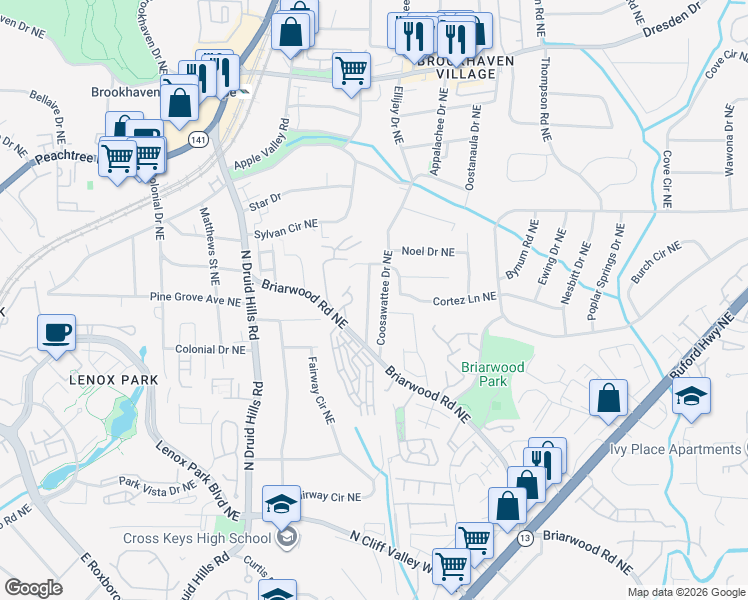 map of restaurants, bars, coffee shops, grocery stores, and more near 2313 Briarwood Hills Drive Northeast in Atlanta