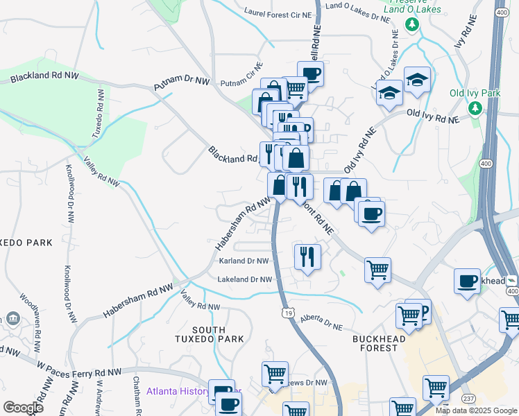map of restaurants, bars, coffee shops, grocery stores, and more near 3613 Habersham Road Northwest in Atlanta
