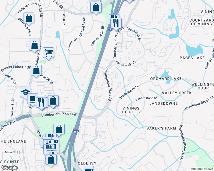 map of restaurants, bars, coffee shops, grocery stores, and more near 2151 Cumberland Parkway Southeast in Atlanta