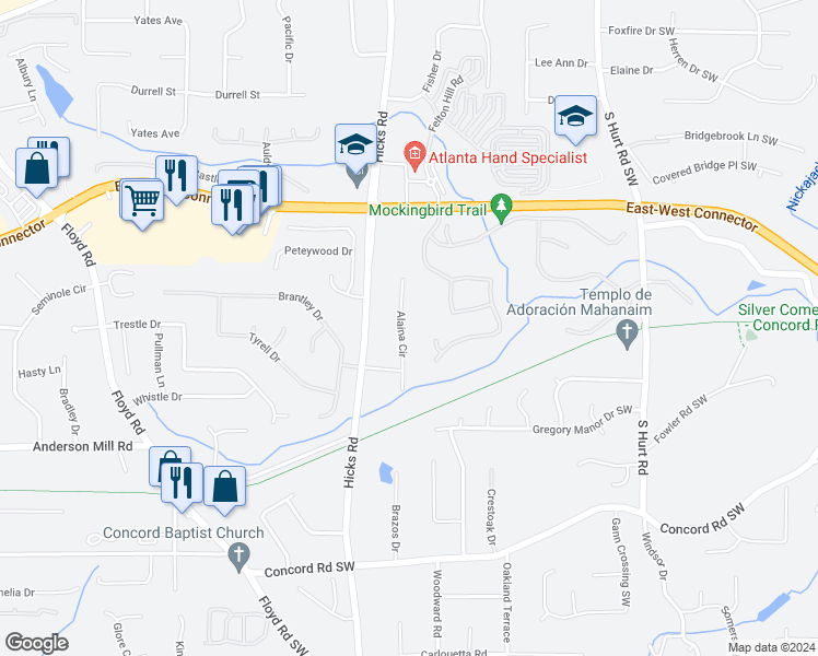 map of restaurants, bars, coffee shops, grocery stores, and more near 4195 Alaina Circle in Austell
