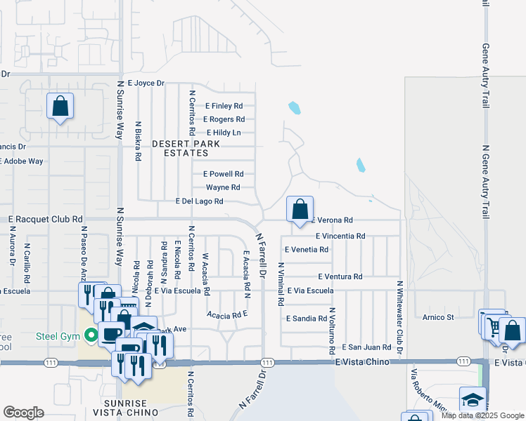map of restaurants, bars, coffee shops, grocery stores, and more near 2511 Whitewater Club Drive in Palm Springs