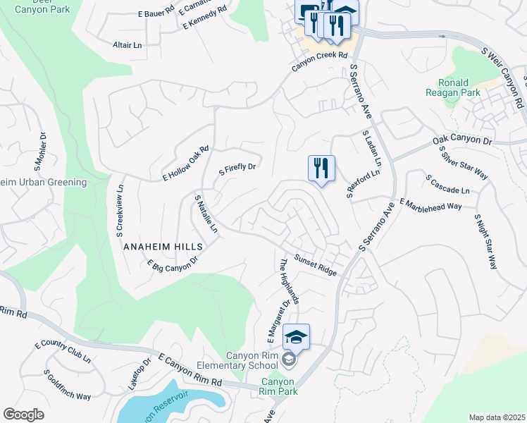 map of restaurants, bars, coffee shops, grocery stores, and more near 7727 East Portofino Avenue in Anaheim