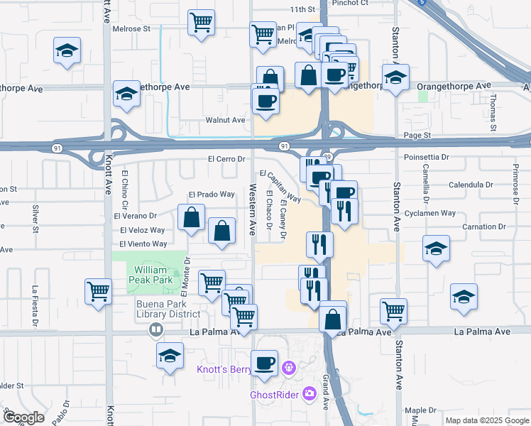 map of restaurants, bars, coffee shops, grocery stores, and more near 7611 El Chaco Drive in Buena Park