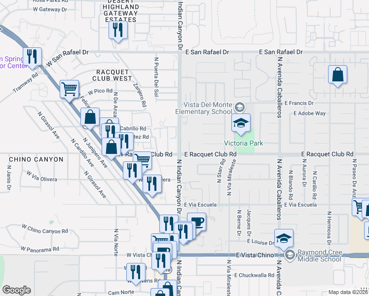 map of restaurants, bars, coffee shops, grocery stores, and more near 200 East Racquet Club Road in Palm Springs