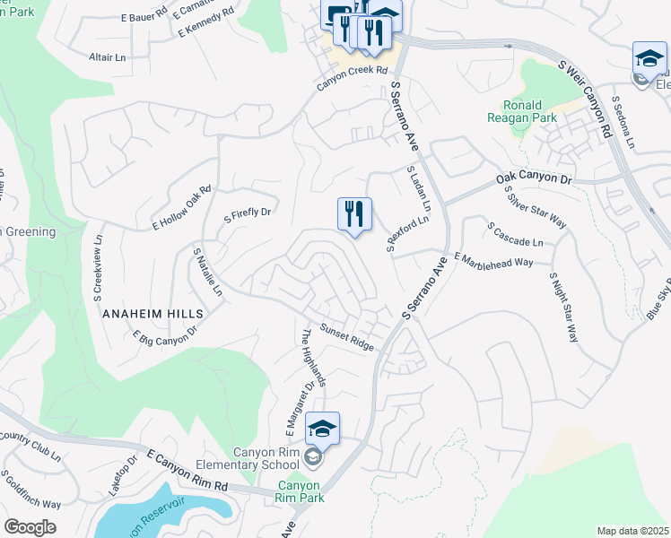 map of restaurants, bars, coffee shops, grocery stores, and more near 7798 East Portofino Avenue in Anaheim