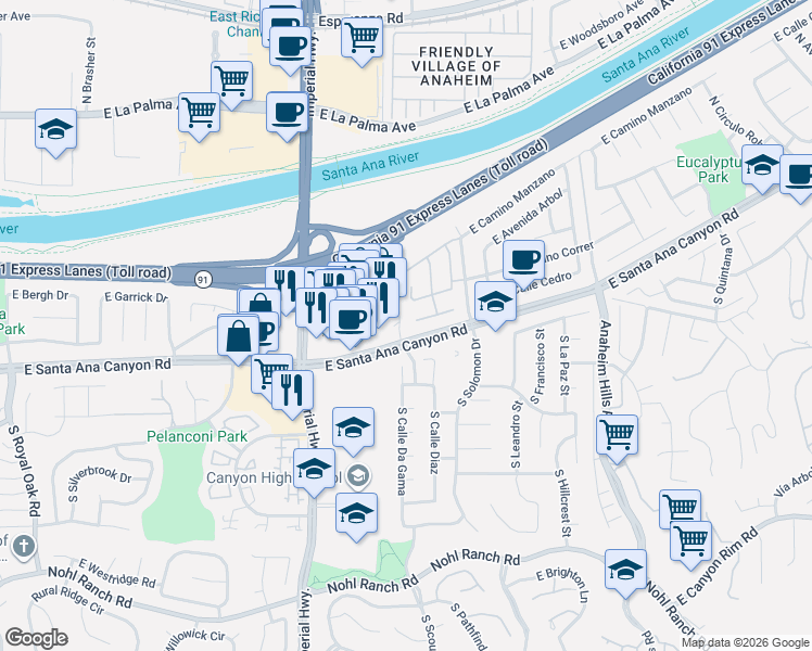 map of restaurants, bars, coffee shops, grocery stores, and more near 5806 East Pso Magellan in Anaheim