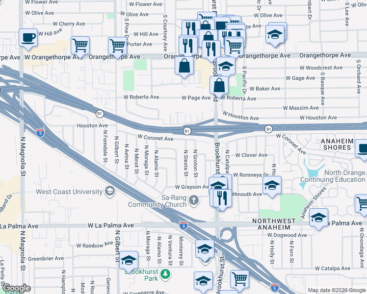 map of restaurants, bars, coffee shops, grocery stores, and more near 1274 North Siesta Street in Anaheim