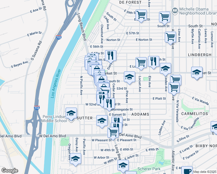 map of restaurants, bars, coffee shops, grocery stores, and more near 81 East Mountain View Street in Long Beach
