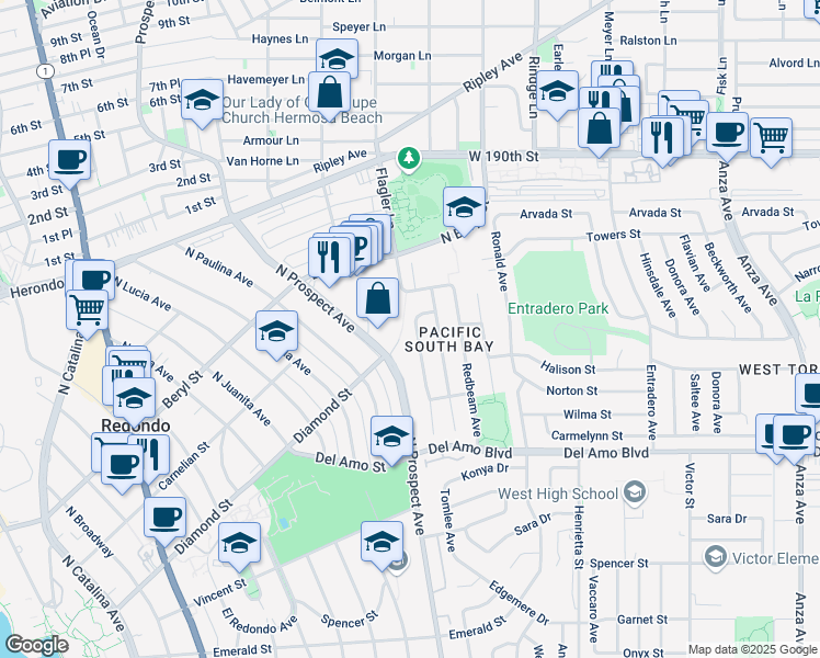 map of restaurants, bars, coffee shops, grocery stores, and more near 19702 Tomlee Avenue in Torrance